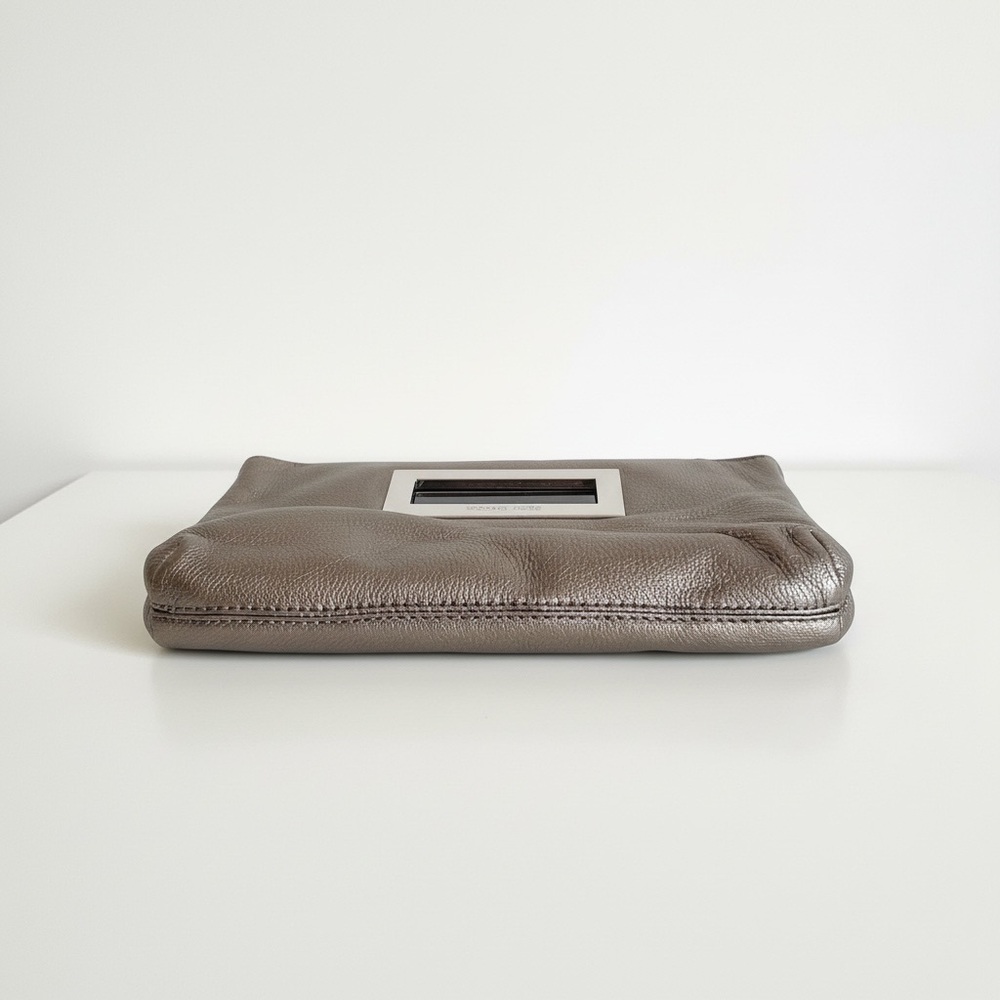 Michael Kors Pewter Metallic Leather Evening Clutch Silver Hardware Handle Bag - Picture 5 of 7